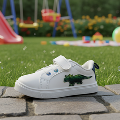 Myau Kids White Shoes with Dinosaur Patch | Hook & Loop Closure | Lightweight Toddler Sneakers (1–5 Years)