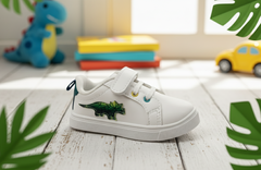 Myau Kids White Shoes with Dinosaur Patch | Hook & Loop Closure | Lightweight Toddler Sneakers (1–5 Years)