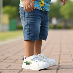 Myau Kids White Shoes with Dinosaur Patch | Hook & Loop Closure | Lightweight Toddler Sneakers (1–5 Years)