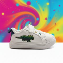 Myau Kids White Shoes with Dinosaur Patch | Hook & Loop Closure | Lightweight Toddler Sneakers (1–5 Years)