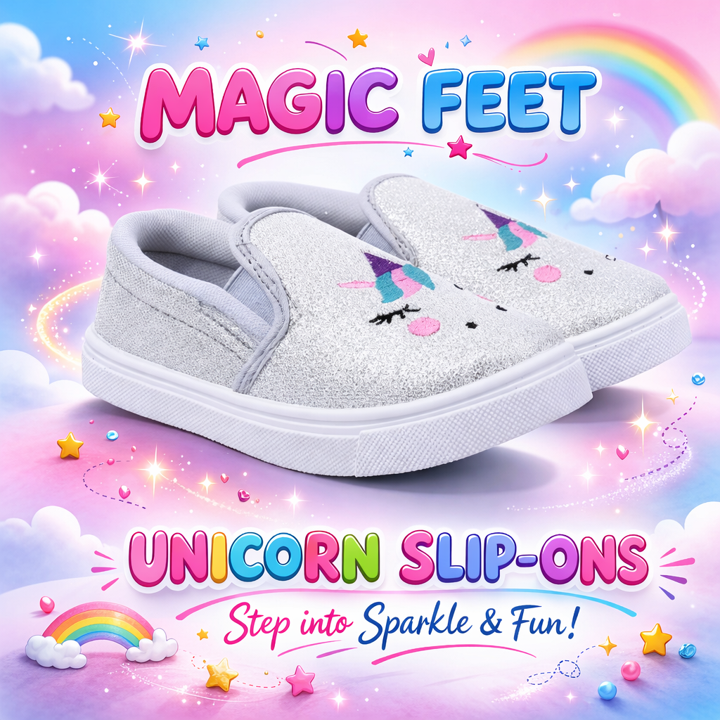Myau Girls' Glitter Unicorn Slip-On Shoes,Casual Sneakers for 3-8 Years