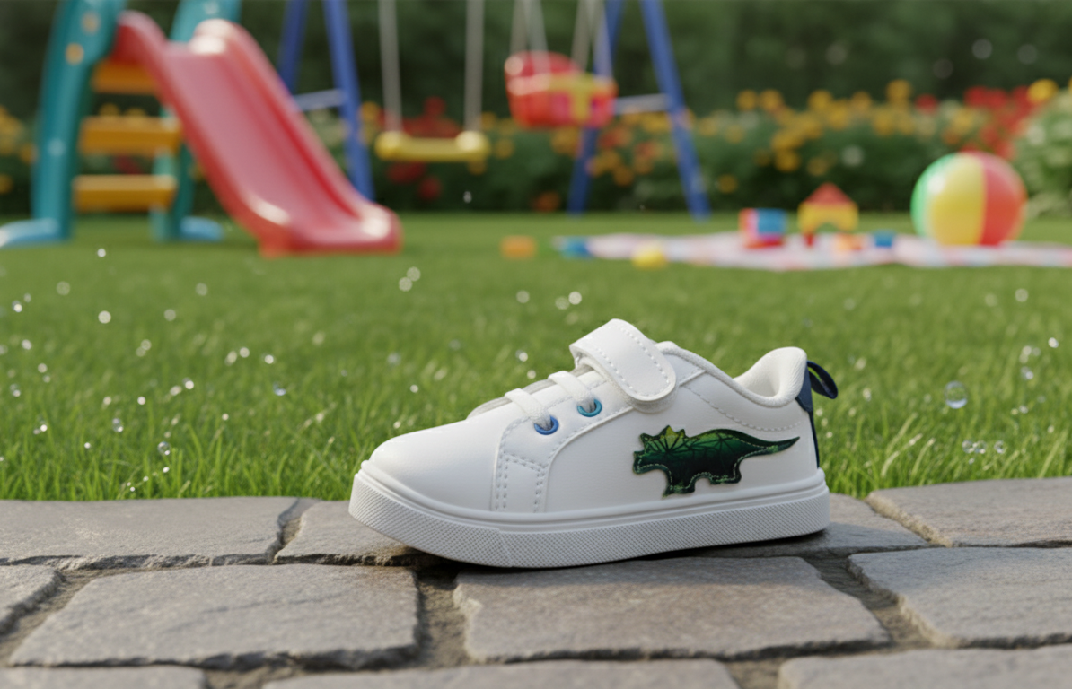 Myau Kids White Shoes with Dinosaur Patch | Hook & Loop Closure | Lightweight Toddler Sneakers (1–5 Years)