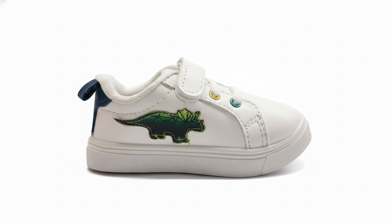 Myau Kids White Shoes with Dinosaur Patch | Hook & Loop Closure | Lightweight Toddler Sneakers (1–5 Years)