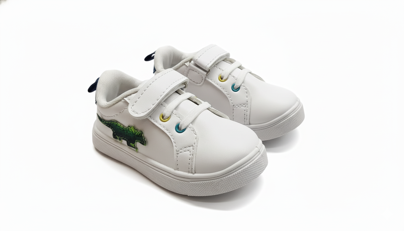 Myau Kids White Shoes with Dinosaur Patch | Hook & Loop Closure | Lightweight Toddler Sneakers (1–5 Years)