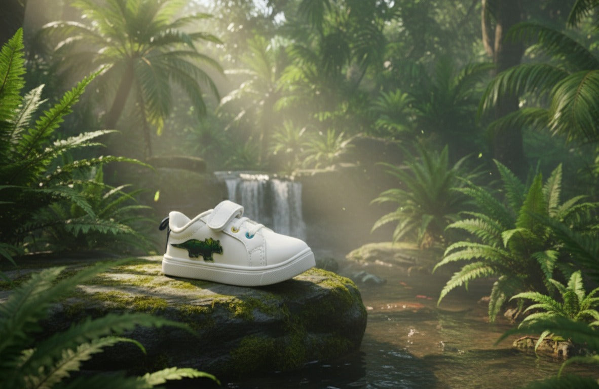 Myau Kids White Shoes with Dinosaur Patch | Hook & Loop Closure | Lightweight Toddler Sneakers (1–5 Years)